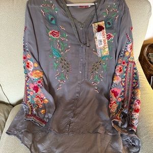 Magnificent Johnny Was heavily embroidered peacock sable blouse